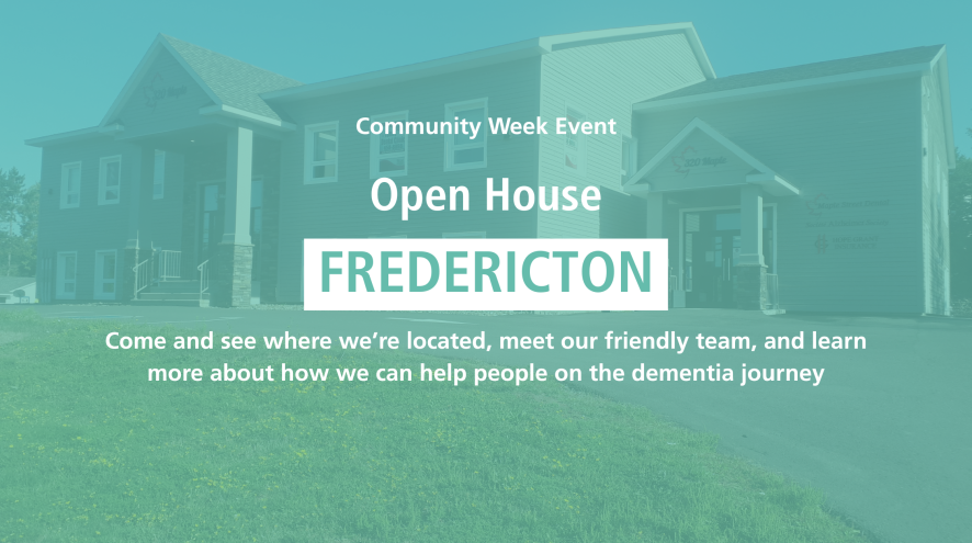 Teal banner with photo of Fredericton office in the background. Text reads: Community week event, Open House