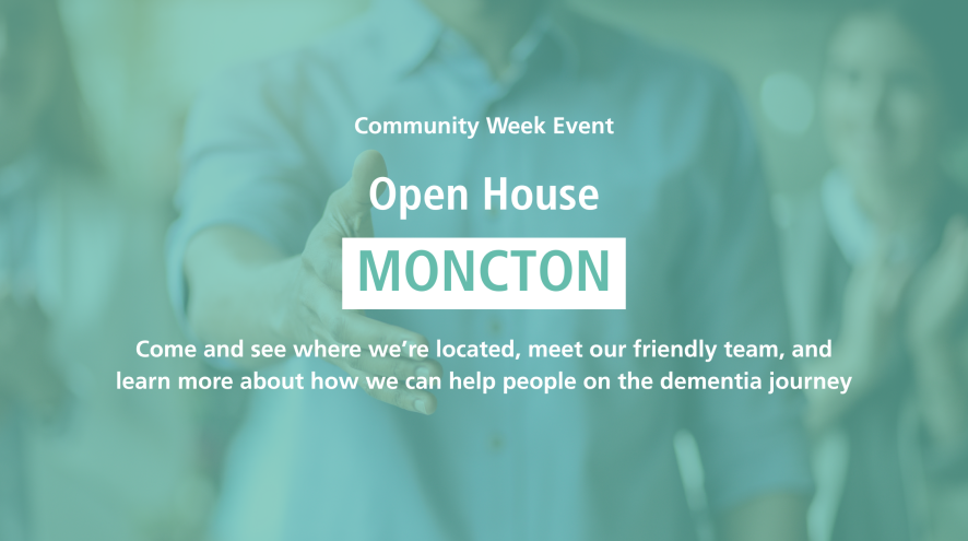 Teal banner with photo of Fredericton office in the background. Text reads: Community week event, Open House