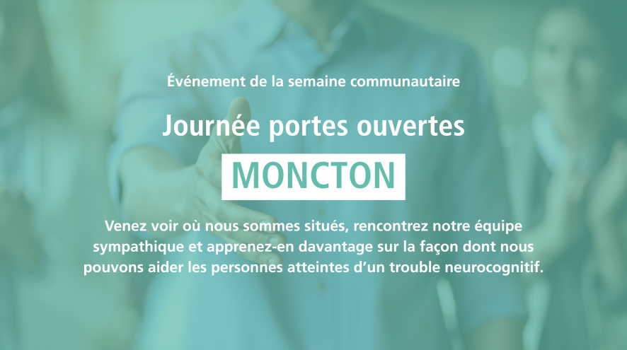 Bannière bleu sarcelle avec photo du bureau de Fredericton en arrière-plan. Texte : Semaine communautaire, Journée portes ouvertes.
