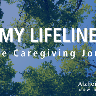 Image contains text that reads "my Lifeline on the caregiving journey." Background is a photo of trees from the perspective of someone looking up from under them on the ground.