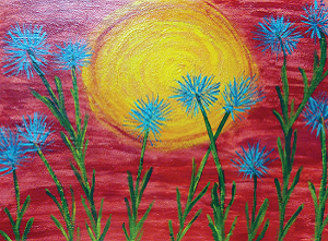 Painting of flowers in front of the sun.