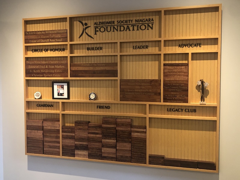 A wall of wooden blocks with donor names engraved