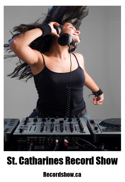 A woman dancing to music with text below saying St. Catharines Record Show