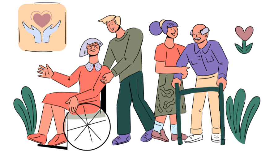 Cartoon image of two seniors with two caregivers
