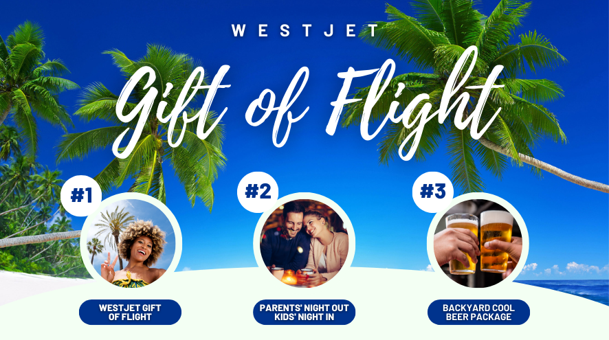 WestJet Gift of Flight with prizes laid out. #1: WestJet Flight. #2: Parents' Night Out/Kids' Night In. #3: Cool Beer Package