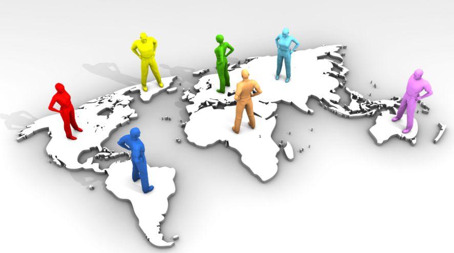 Several stylized humans standing on a map of the world