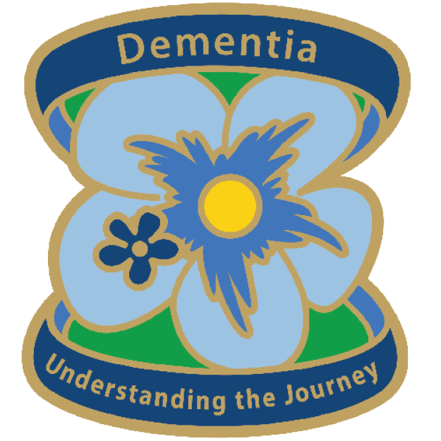 Dementia Understanding the Journey Logo with a blue forget-me-not flower
