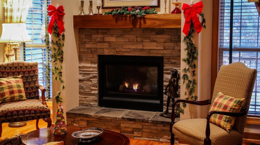 Fireplace decorated for the holidays