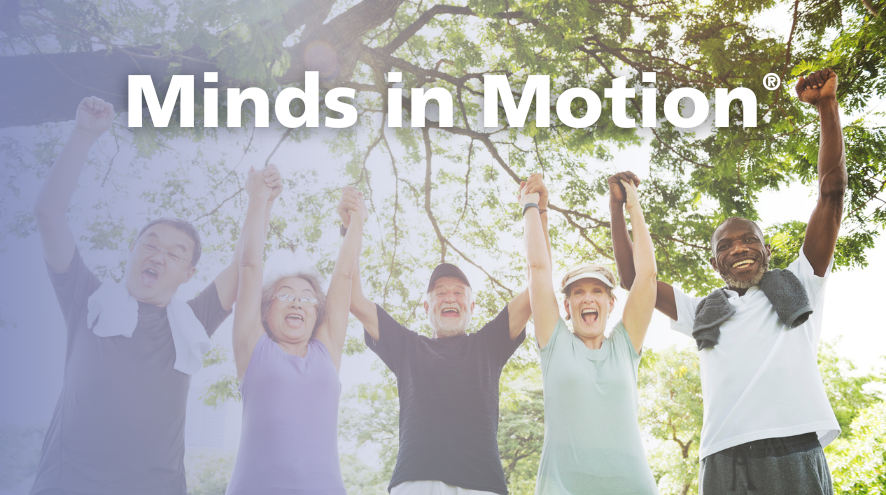 Five people dressed in activewear are holding their hands in the air and smiling with the text "Minds in Motion."