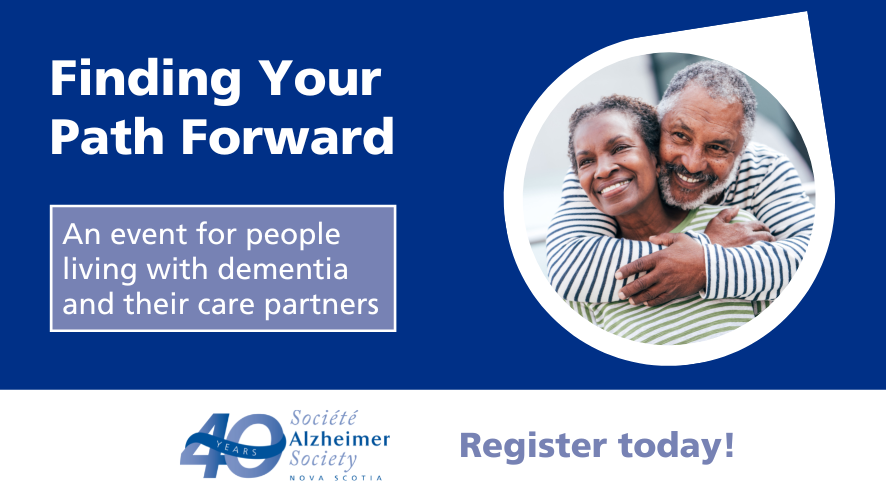 White text on blue background reads, "Finding your path forward, an event for people living with dementia and their care partners." To the right, a photo of two black adults are hugging and smiling towards the camera.