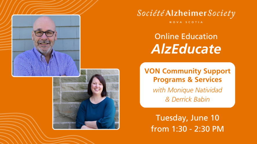 On an orange background: Online Education AlzEducate Von Community Supports and Services