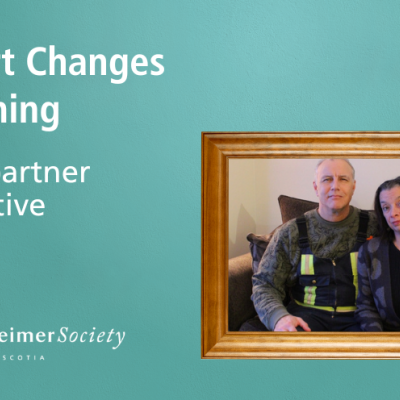 Teal background with text: "Support Changes Everything: A care partner perspective" photo of couple in a frame to the right