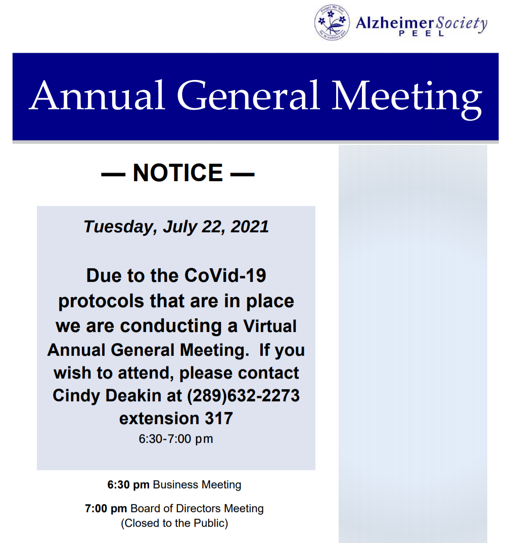 AGM announcement: Due to the Covid-19 protocols that are in place we are conducting a Virtual Annual General Meeting on Tuesday, June 22, 2021 from 6:30 pm to 7:00 pm. If you wish to attend, please contact Cindy Deakin at (289)632-2273 extension 317.