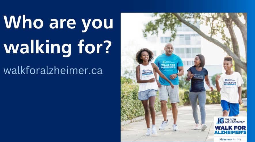 Banner promoting the IGWM Walk for Alzheimer's. A photo of four people - a tall Black man with a bald head, a Black woman with straight dark hair, a Black girl with curly hair, an a younger Black boy with short cropped curly hair - all dressed in IGWM Walk for Alzheimer's shirts, walking outdoors on a downtown sidewalk, surrounded by shrubbery and trees. High-rise buildings can be seen in the background. This image is set against a blue gradient background. White text beside reads: Who are you walking for?