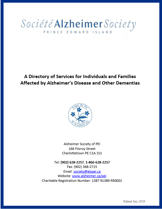 Alzheimer Society of PEI Resource directory 2019 cover.