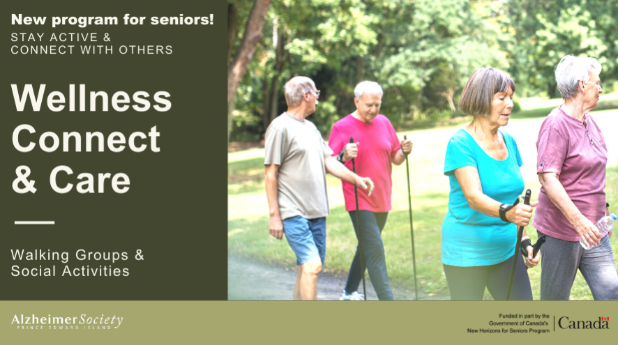 New program for seniors, wellness connect and care, walking groups and social activities, photo of seniors walking