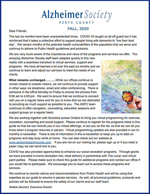 Fall 2020 Program Guide - Alzheimer Society of Perth County