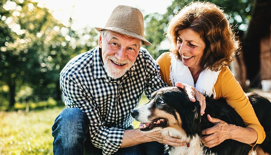 Senior couple playing with their dog.
