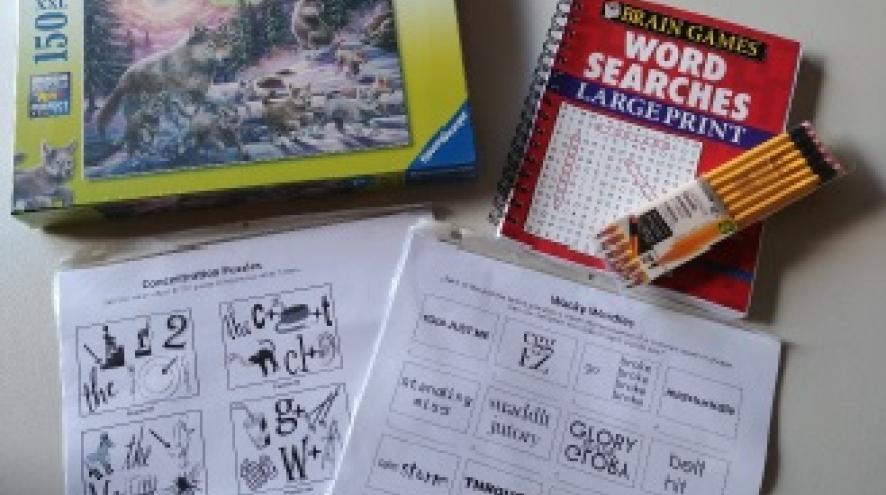 an 150 piece puzzle, word search books, brain teasers and pack of pencils