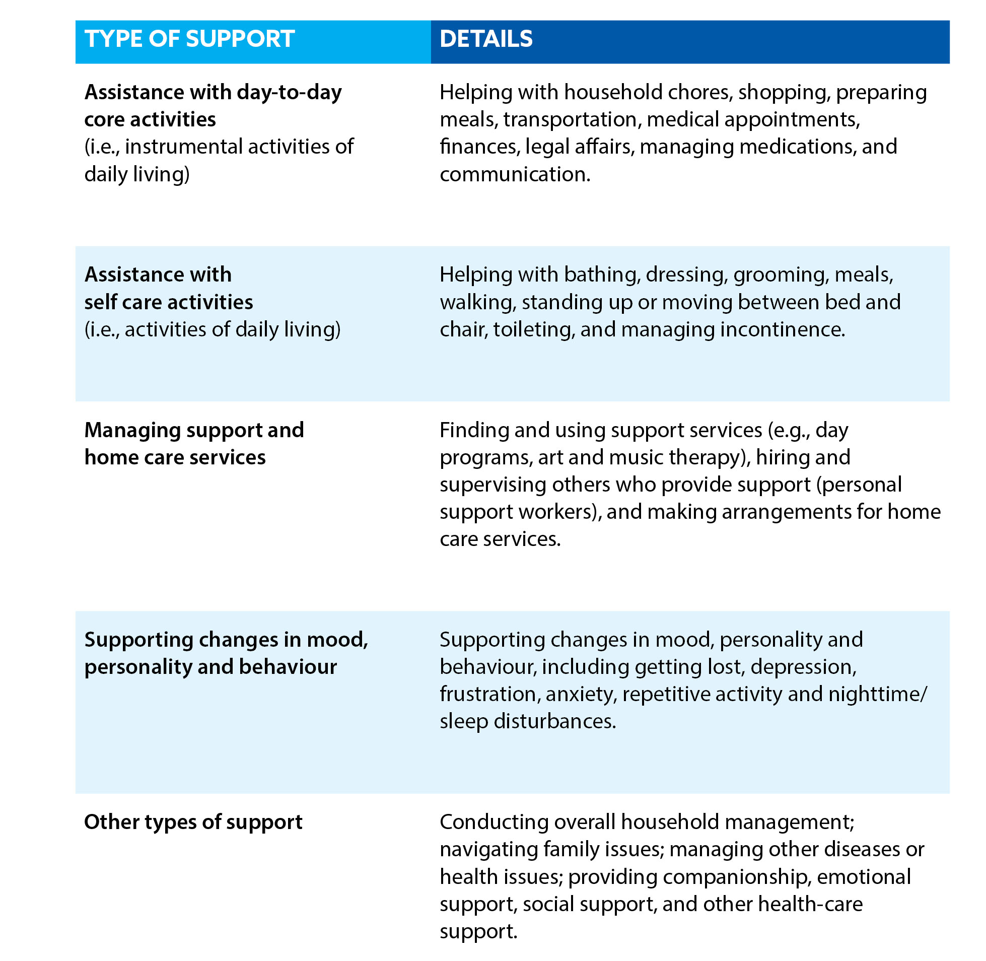 Types of support provided by care partners