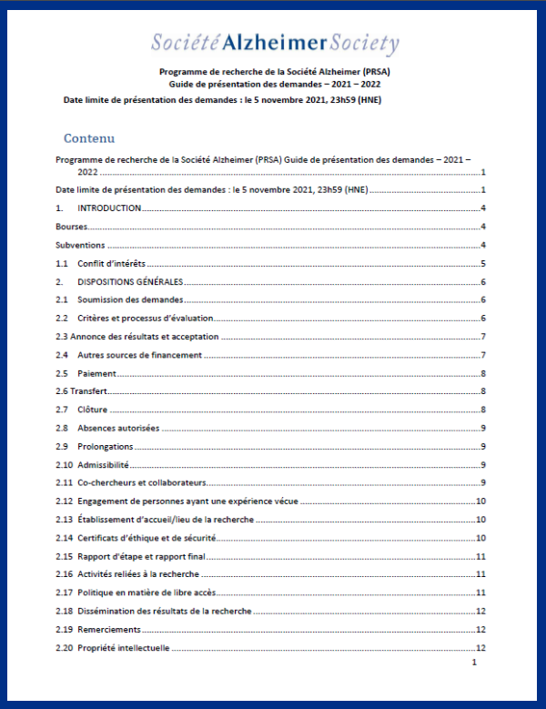 Programme de recherche de la Société Alzheimer (PRSA) Guide de présentation des demandes – 2021 – 2022 - couverture
