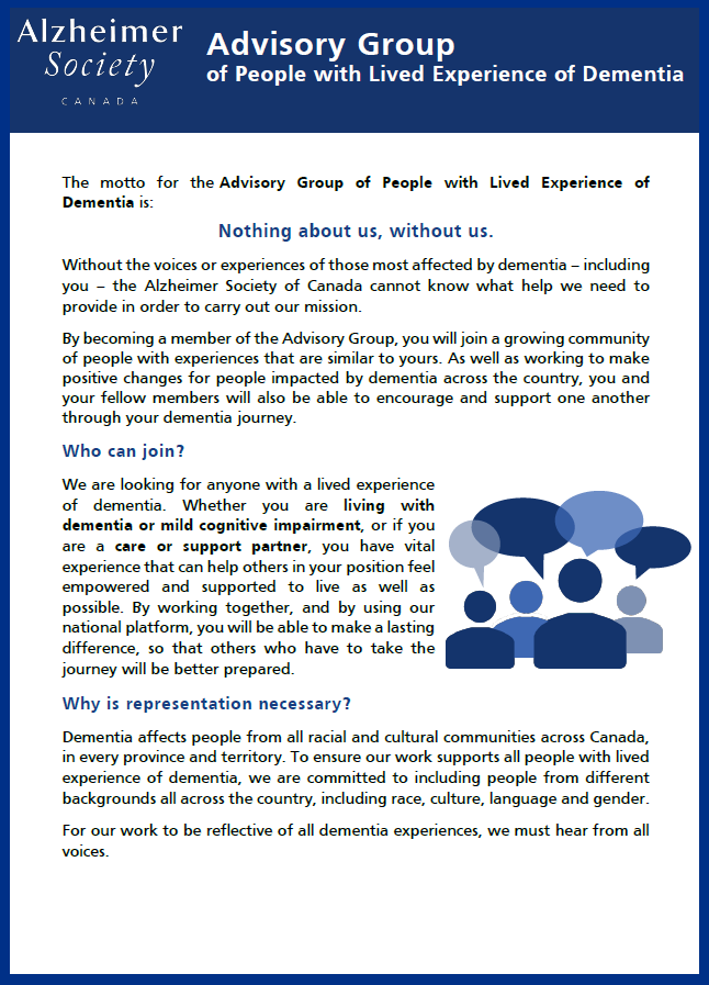 Advisory Group of People with Lived Experience of Dementia - Information sheet cover