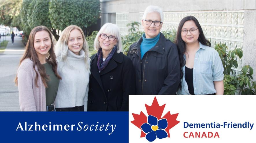 A group of women of all ages are standing together and smiling. Below them, the texts "Alzheimer Society" and "Dementia-Friendly Canada" are visible.