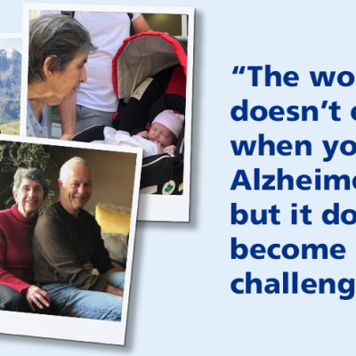 Snapshots of Michael and Isabel, and the text: "The world doesn't end when you have Alzheimer's -- but it does become more challenging."