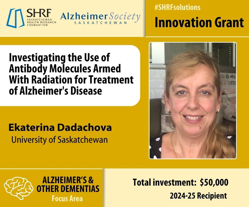 A graphic that shows the headshot of Dr. Ekaterina Dadachova and text that says notes "SHRF Solutions Innovation Grant, Alzheimer's & Other Dementias Focus Area, and Total Investment: $50,000.