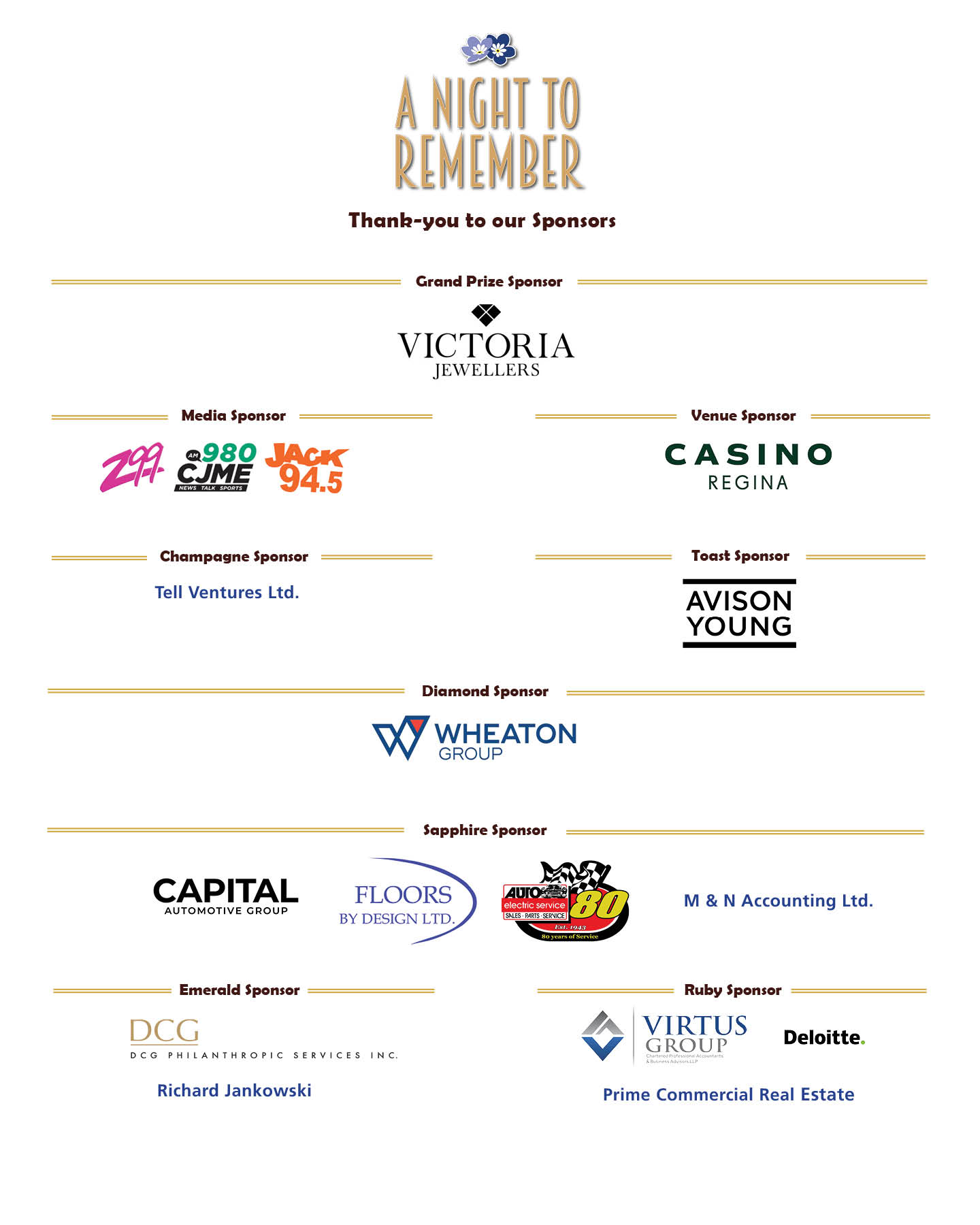 A Night to Remember - Thank you to our Sponsors. Followed by various levels of sponsorship and sponsor logos.