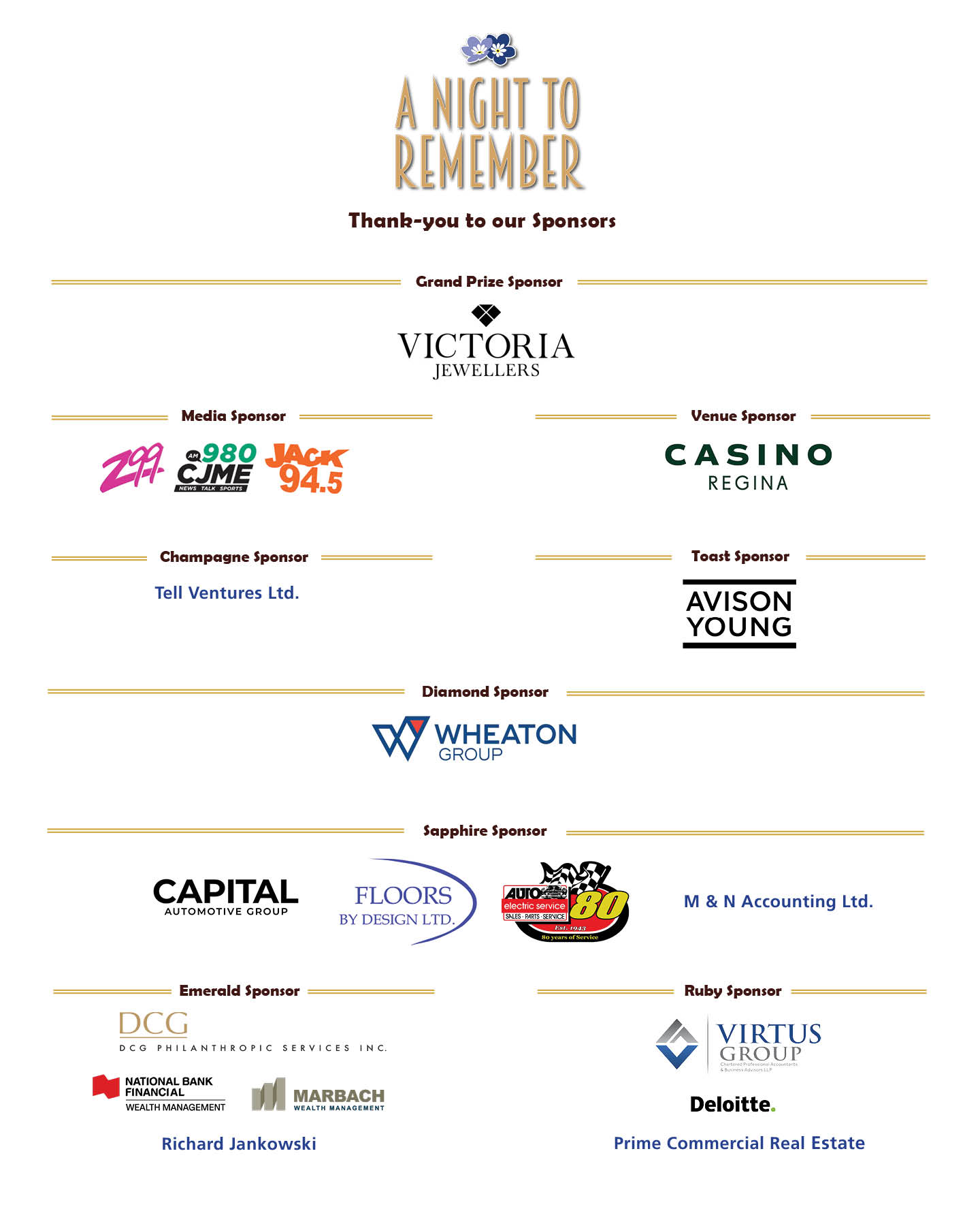 A list of our 2025 Night to Remember sponsors and their logos.