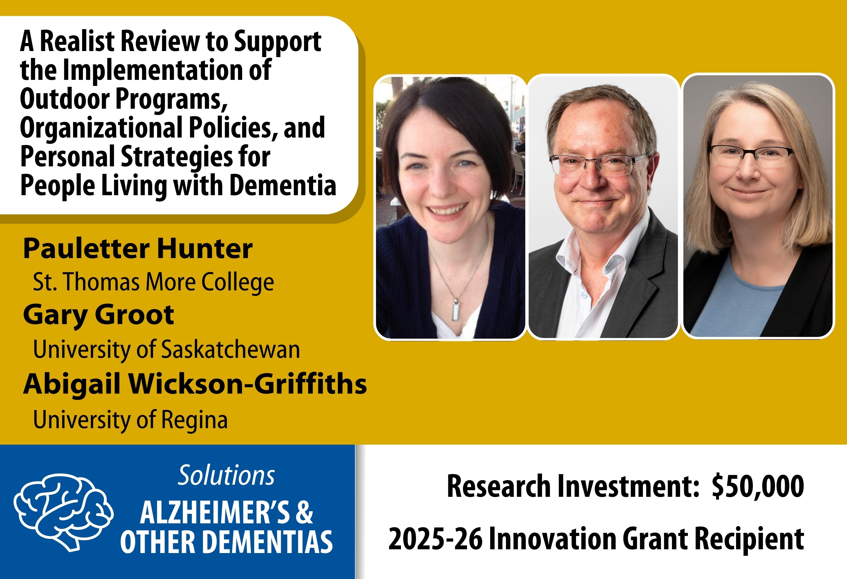 Photos of Paulette Hunter, Gary Groot and Abigail Wickson-Griffiths with text that notes the title of their research study.