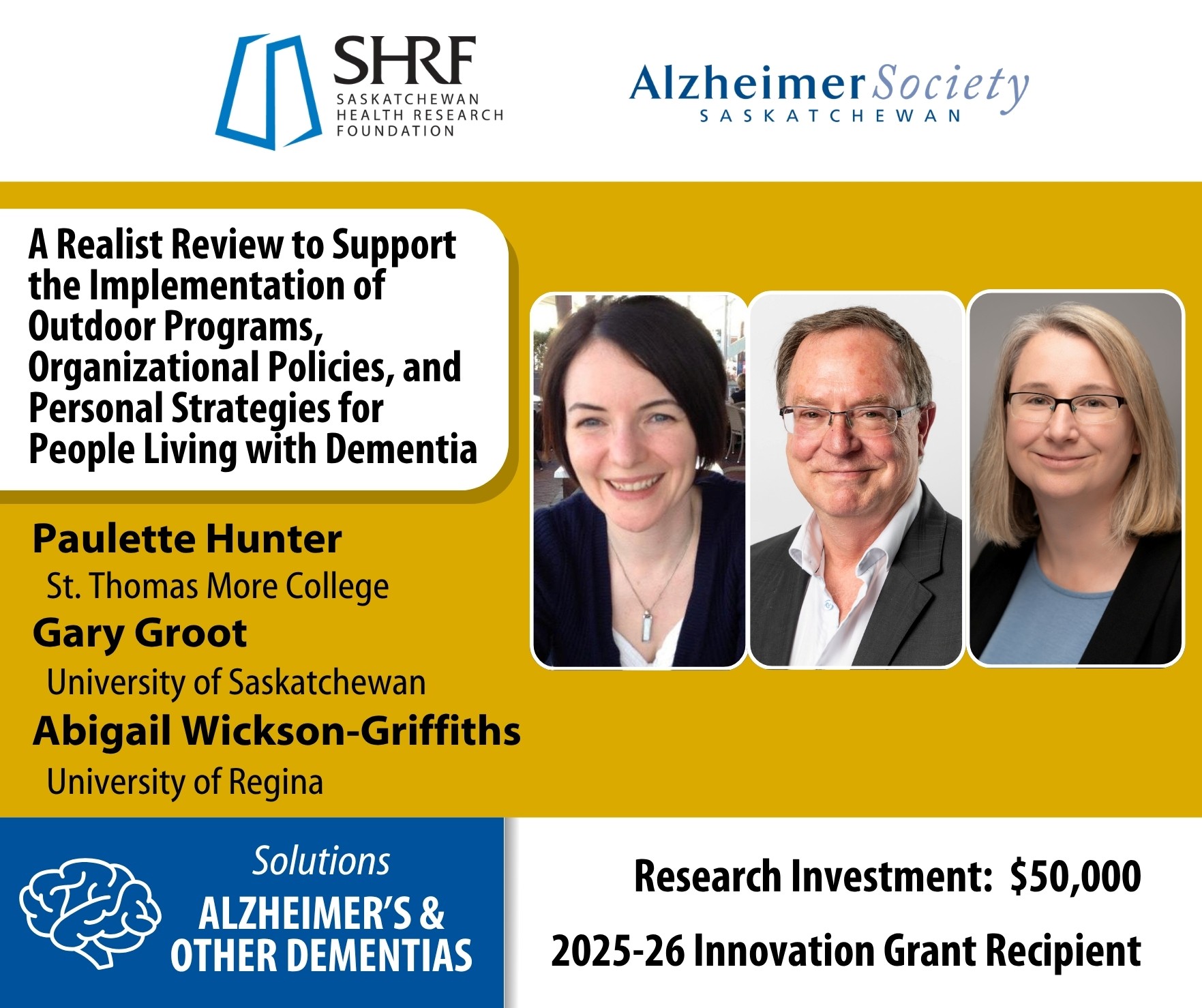 Headshots of Paulette Hunter, Gary Groot, and Abigail Wickson-Griffiths along with text about their research study, "A Realist Review to Support the Implementation of Outdoor Programs for People Living with Dementia."