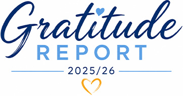 The words, "Gratitude Report 2025/2026" in blue and a heart outline in yellow.