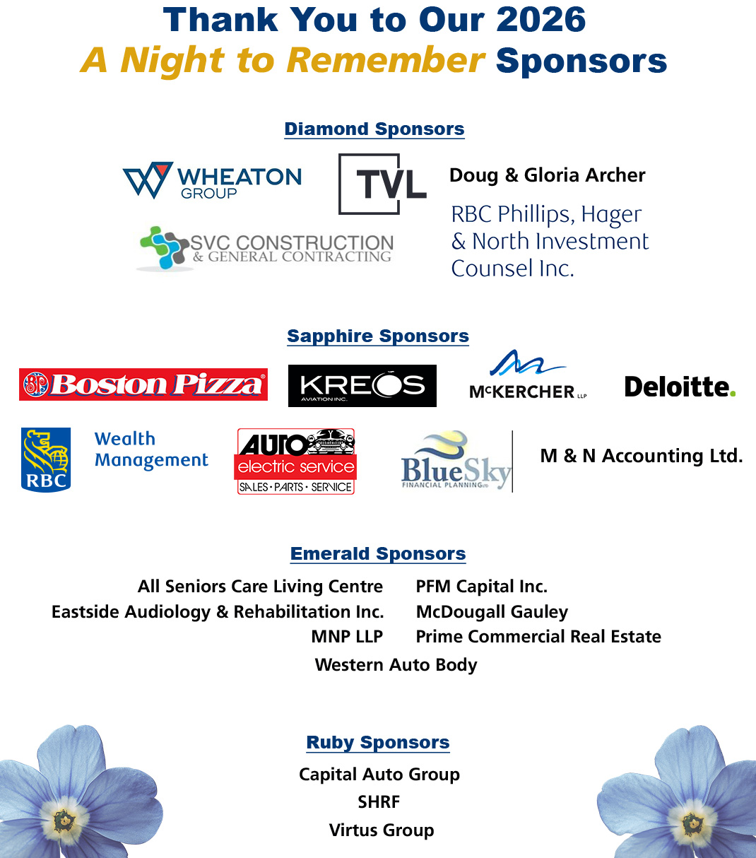 A list of our 2026 Night to Remember sponsors