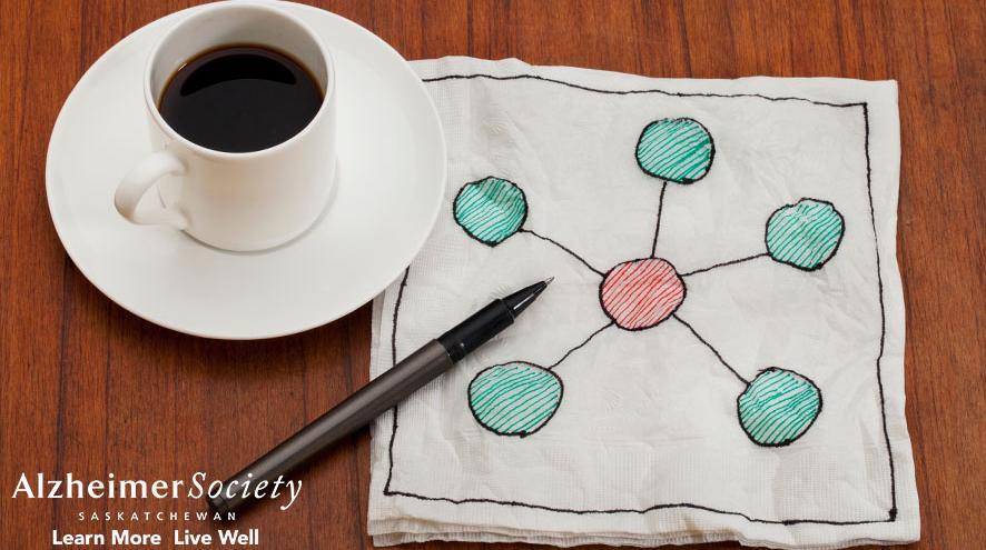 A coffee cup next to a web napkin drawing 