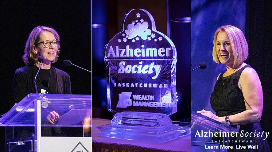 Photos of last year's Gala speakers and Alzheimer Society ice sculpture 