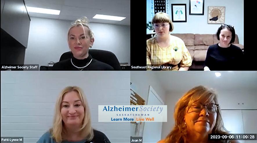 A screenshot of our Public Awareness Coordinator with three library panelists on a Zoom webinar