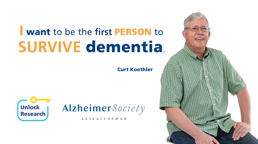 A man in a green button-up shirt, jeans, and glasses is smiling. He is sitting next to text that says, "I want to be the first person to survive dementia."