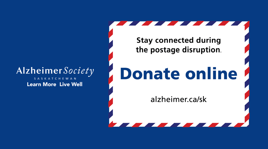 Text that says, "Stay connected during the postage disruption - Donate online" on top of an envelope.