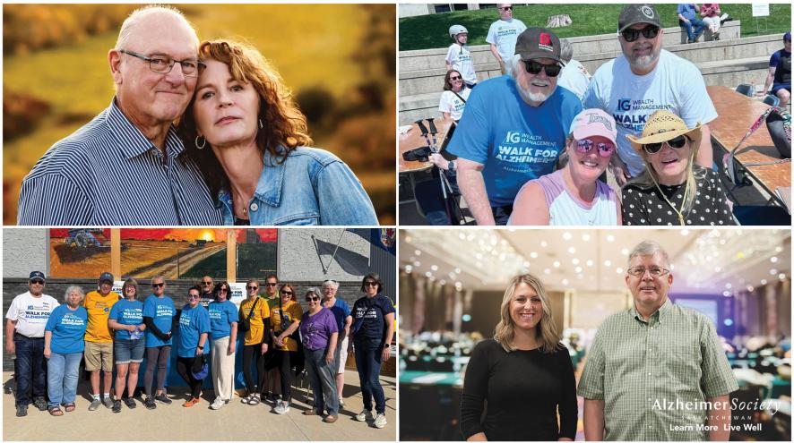 A collage of four images featuring Alzheimer Society of Saskatchewan clients and supporters.