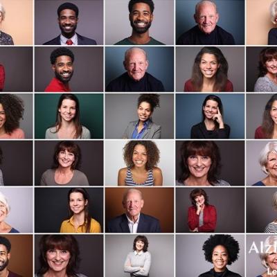 A collage of 42 headshots of people of various ages and backgrounds