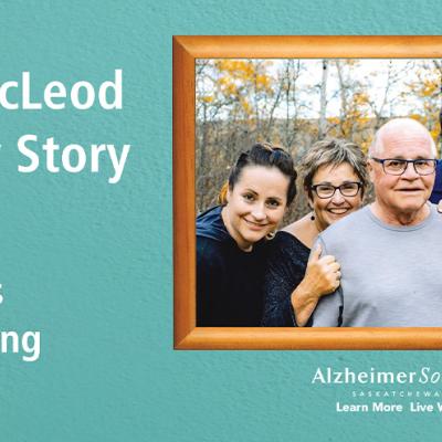 A framed photo of Dianne McLeod and her husband surrounded by family with the text, "Support changes everything."