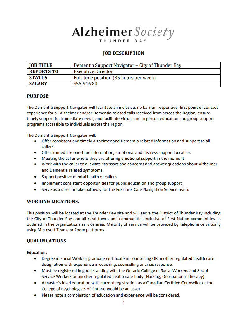 Dementia Support Navigator Job Description