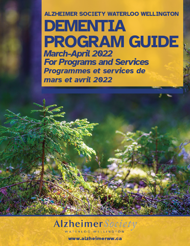 Title: Dementia Program Guide March-April 2022. Picture: Growing Pine Tree in Sunlight