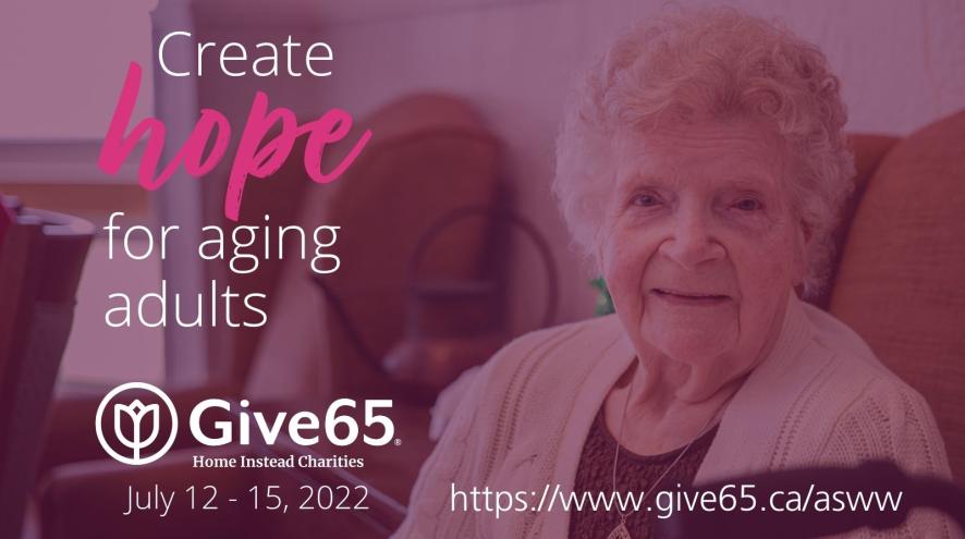 Give65 Banner Image. Text "Create hope for aging adults. Give65 - July 12 to 15 2022" 