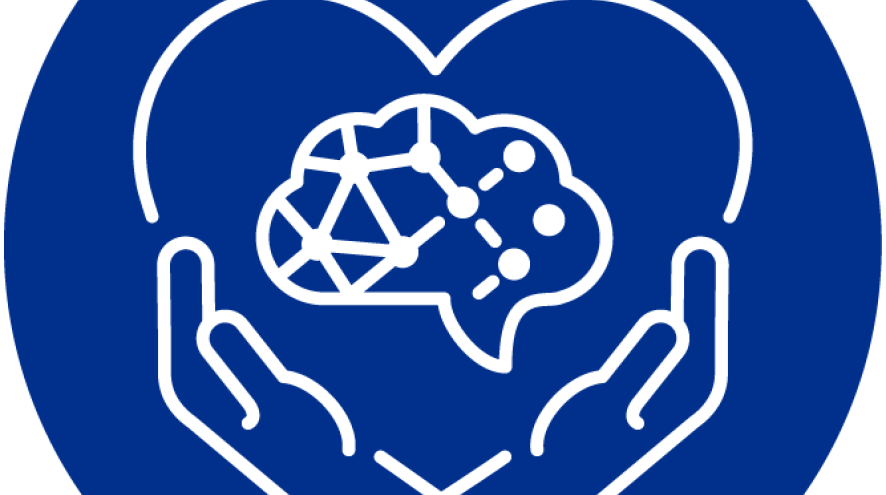 Icon of hands holding a heart; a brain is inside the heart