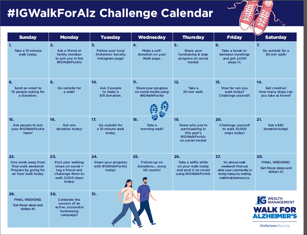 Calendar of tips and tricks to get your steps in and raise money for the IG Wealth Management Walk for Alzheimer's