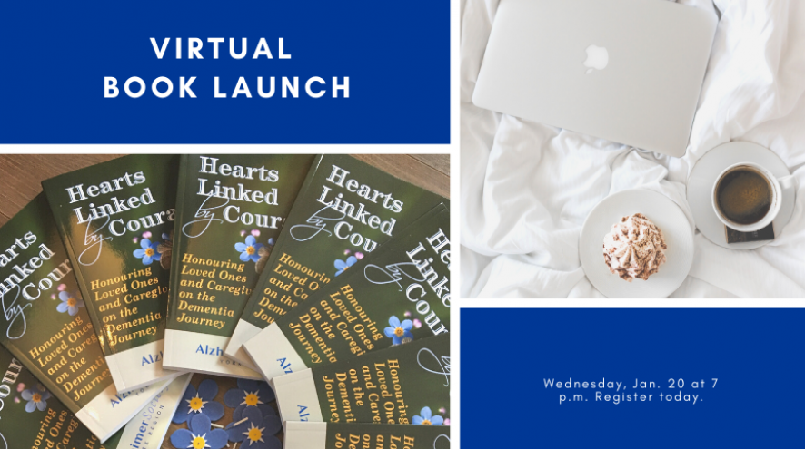 Graphic with two blocks of white text on a blue background, picture of a mac laptop, coffee and cupcake and a bunch of Hearts Linked by Courage books fanned out around forget-me-not pins