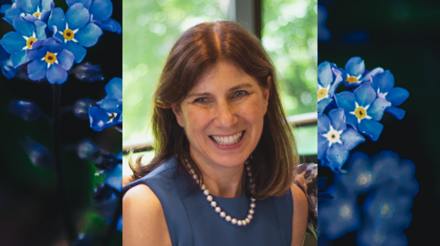 Head and shoulder shot of Dr. Sharon Cohen from the Toronto Memory Program on top of a forget-me-not flower background.